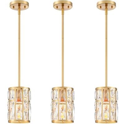 Modern Crystal Pendant Light Fixture 3-Pack Gold Finish Hanging Lighting Crystal Chandelier for Kitchen Island