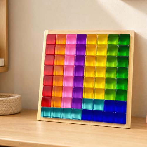Image of Woodtoe 64 PCS Rainbow Building Blocks for Kids, Acrylic Gem Block Ages 3-6