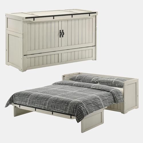 NIGHT & DAY Rustic Cube Pre-Assembled Cabinet Murphy Bed(Vintage White w/Ranchero Hardware, Queen)