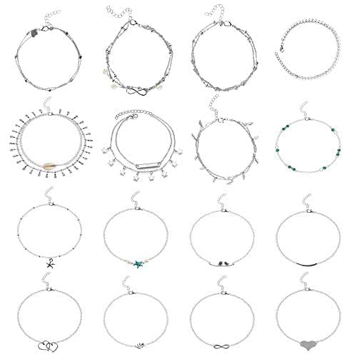 Bracelets de Cheville 16 Pcs Chaînes de Cheville pour Femmes Bracelet de Pied en Argent Bracelets de Cheville Réglables Bijoux de Cheville de Plage (16 Styles) Cover