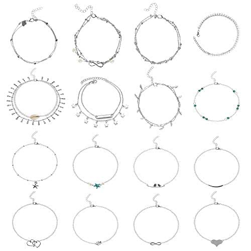 16 Pezzi Cavigliere Catene Bracciali Regolabile Cavigliera Estiva Donna Cavigliera in Argento Cavigliere Personalizzate Spiaggia Cavigliera Piede Gioielli per Ragazza Amica Fidanzata