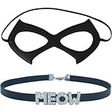 Catwoman Mask + Meow Choker Necklace, PU Leather Black Masquerade Eye Mask for Woman, Superhero Kitty Collar Jewelry for Halloween Cosplay Accessories