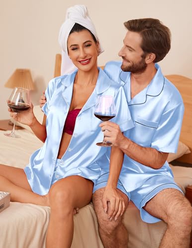 Image of Ekouaer Couple Matching Pajamas Sets Silk Short Sleeve Button Down Sleepwear Satin Pjs Shorts Set Soft Loungewear S-XXL
