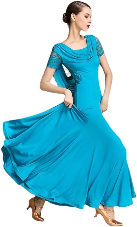 HEARTTOUCH Women Modern Waltz Tango Dance Costume Ballroom Dance Dress Lace Sleeve National Standard Competition Costume