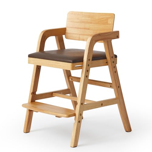 Solid Wood High Chair for Babies&Toddlers, Baby Highchair, Adjustable HighChair for Babies/Toddlers with Removable Cushion, Children Kids Dining Chair, Teens Study Chair with Steps (Natural)