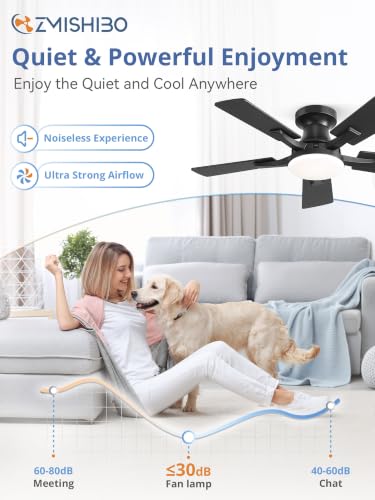 Image of ZMISHIBO 36 Inch Ceiling Fans with Lights, Remote&App Control, Flush Mount | Low Profile, Dimmable 20W LED Light, Quiet Reversible Motor, Strong Airflow, Easy Install for Bedroom /Living Room /Apt, Black