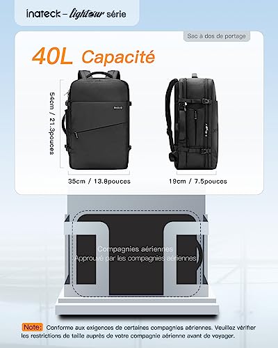 Inateck 40l Sac A Dos Voyage Cabine Sac A Dos Voyage Avion Antivol Bagage A Main A 2 Poignees Sac Ordinateur Portable 156 17 Pouces Avec Housse De Pluie Sac A Dos Homme Et Femme Noir