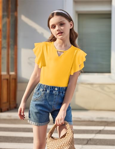 Arshiner Kids Girls Yellow Shirt Casual Short/Long Sleeve Shirts Kids Loose Tunic Tops Ruffle Cotton Tee Blouses2
