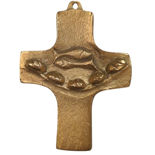 Herzmensch Fische Kreuz zur Kommunion gold aus massiver echter Bronze für Kinder 6 x 8,3 cm zum Aufhängen an die Wand Kommunionkreuz