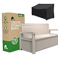 EconoHome 3 Seat Outdoor Storage Bench with Rain Cover - 90 Gallon Capacity - Weatherproof Resin Bench for Patio, Porch, Garden, Yard, Pool Area - Furniture for Pool Accessories, Gardening Tools