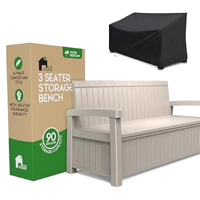 EconoHome 3 Seat Outdoor Storage Bench with Rain Cover - 90 Gallon Capacity - Weatherproof Resin Bench for Patio, Porch, Garden, Yard, Pool Area - Furniture for Pool Accessories, Gardening Tools