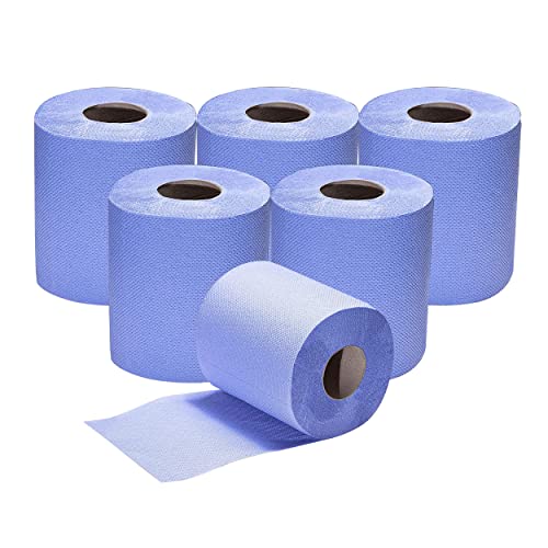 6 Rolls of 2ply Centre Feed Blue Rolls Embossed Recycled Blue Paper Towel Roll Hand Towel Kitchen Roll Wiping Tissue for Cleaning Workshop Home Office Garage Bathroom