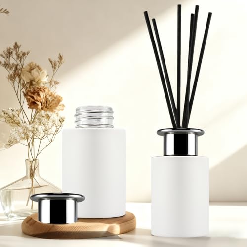 Set de 4 Botellas Difusoras de Vidrio Blancas con Tapas Plata miniatura 3