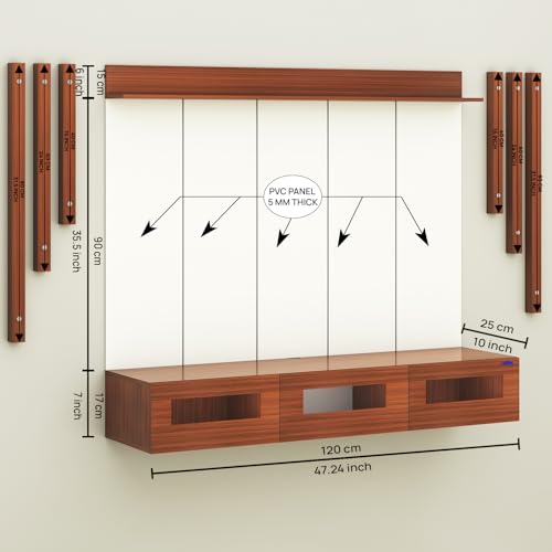 Image of Anikaa RayzaPro Engineered Wood Wall Mount TV Unit with PVC Back Panel, Acrylic Blue LED Storage Box, Side Wooden Accent Spot Light Panels I Deal for Up to 50 Inch TV (Walnut - DIY Installation)