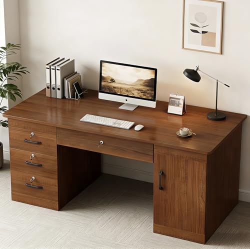 La Mejor Recopilación de Escritorios para Oficina que puedes comprar esta semana. 46 MURAMASA Escritorio para Computadora Minimalista con Gabinete y 3 Cajones De Almacenamiento Retro Industrial Desk con Librero para Oficina, Dormitorio, Gamer 140x60x74.5CM...