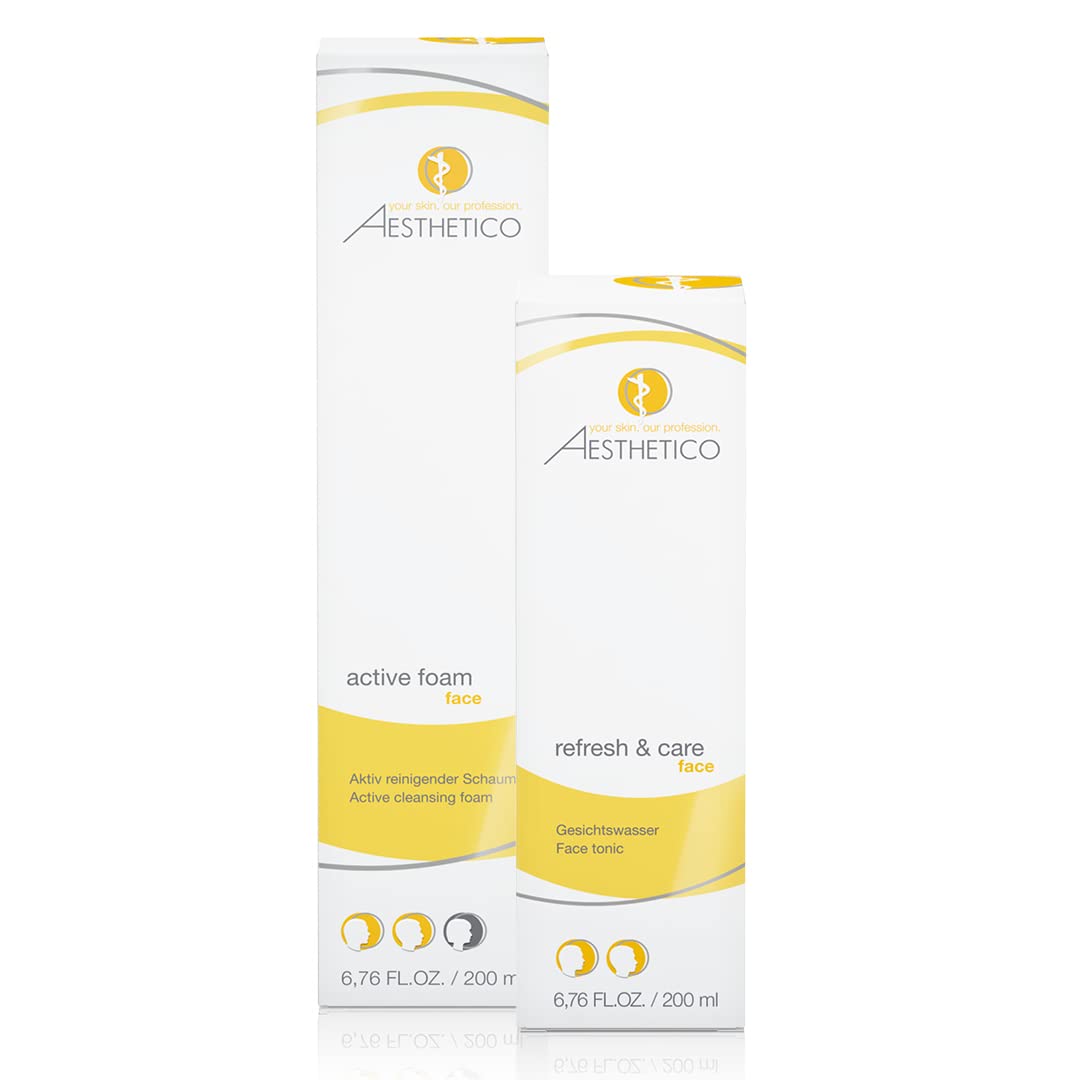 AESTHETICO active foam + refresh & care Set, je 200 ml | Reinigungsschaum und Gesichtswasser für unreine Haut, porentiefe Reinigung plus kühlendes, beruhigendes Pflegefinish