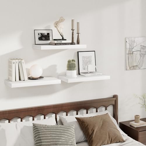 Image of Fun Memories 24 x 12 Inch Deep Floating Shelves, 12 Inch Deep Rustic Wooden Book Shelf, Extra Deeper & Thicker Hanging Shelves for Living Room, Bathroom, Bedroom, Kitchen, Office, Set of 2 (White)