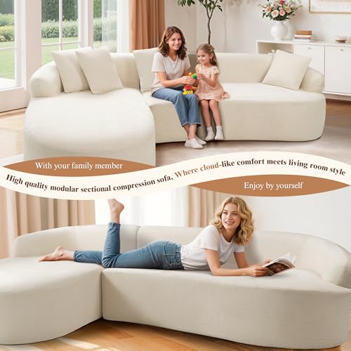 Image of 99 inch Curved Sectional Sofa, Beige, Left Chaise+Right Sofa | Modern Boneless Couch, Deep Seat, L Shaped 3-Seater Cloud Couch, No Assembly Needed, Chenille