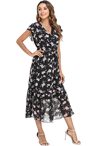 Image of VintageClothing Womens Sundress Casual Floral Summer Boho Dress | Flowy Wrap V Neck Ruffle A-Line Pleated Hem Midi Dresses