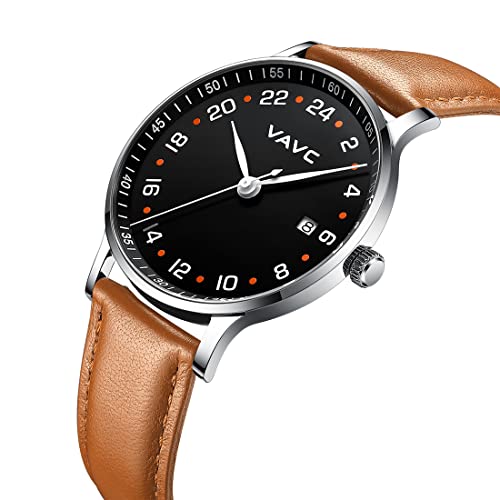 Vavc 24 Hour Watch Unisex Swiss Quartz Movement Waterproof Watch With Brown Leather Strap For Men Women… #TOP1
