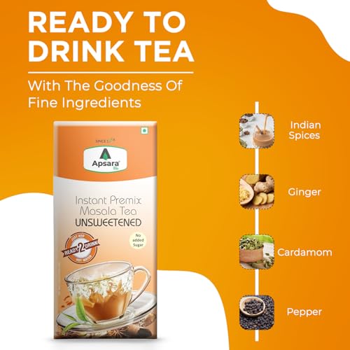 Image of APSARA Instant Tea Premix Unsweetened Masala Tea 10 Sachets | Ready To Drink Sugar Free Chai | Enriched with Ginger, Cardamom, Pepper, and Indian Spices, No Added Sugar Chai, On the Go Tea