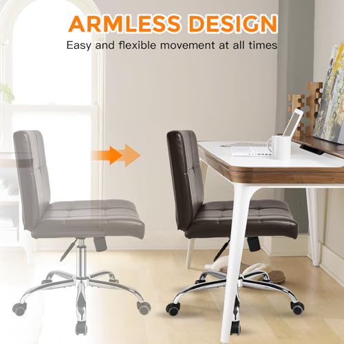 360&deg; Office Desk Chair,PU Adjustable Rolling Task Chair with Backrest for Barber,Office,Home, Computer,360&deg; Swivel,Armless，desk chair without arms，office chair 400+ lb weight capacity(Widened Brown)
