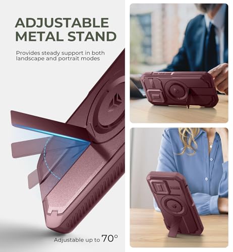 Image of Dexnor for iPhone 16 Pro Case with Slide Camera Cover & Adjustable Kickstand & Built-in Screen Protector,Compatible Wireless Charging Shockproof Cases Heavy-Duty Magnetic Protective Cover,Maroon Red