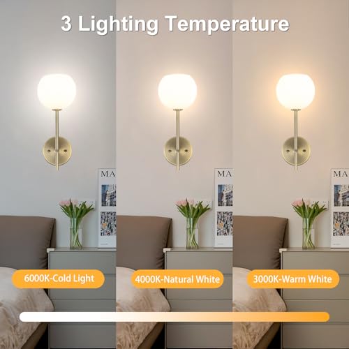 Image of Brass Battery Operated Wall Sconces Set of 2, Rechargeable Wireless Wall Lights with Milky White Frosted Glass, 12 RGB and 3CCT Dimmable, Wall Lamps with Remote for Bedroom Living Room Hallway