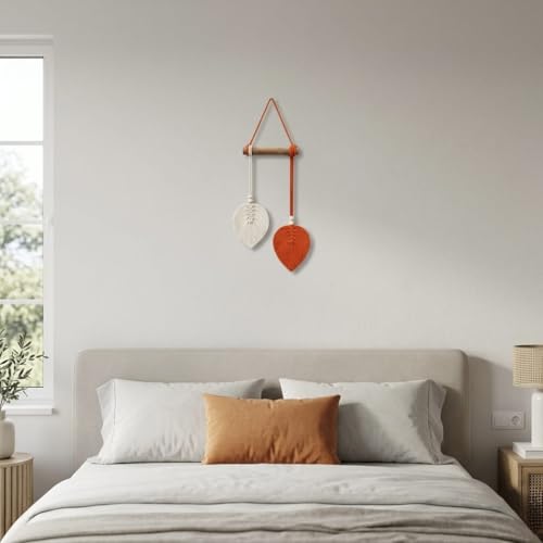 Image of AdFashionble Boho Macrame Wall Hanging Leaf Decor for Home, Living Room & Bedroom | Cotton Thread Art with Wooden Rod | Minimalist Handmade Wall Decoration | Aesthetic Nordic Wall Art for Home, Office & Gift Purpose Lenght- 58 cm Width- 15 cm (ORANGE & OFFWHITE)