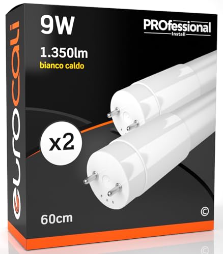 Eurocali 2x Tubo LED T8 9w 60cm Alta Luminosità 1350 lumen Fascio Luminoso 320° - Luce Bianco Caldo 3000K - Sostituzione Neon