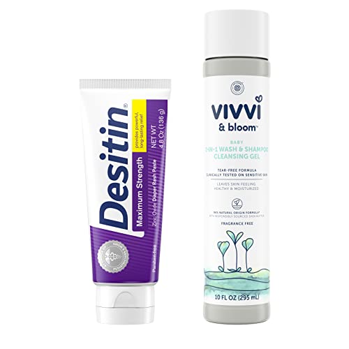 Image of Desitin Maximum Strength Baby Diaper Rash Cream with 40% Zinc Oxide for Treatment, Relief & Prevention, 4.8 oz with VIVVI & BLOOM Gentle 2-in-1 Baby Wash & Shampoo Cleansing Gel 10 oz