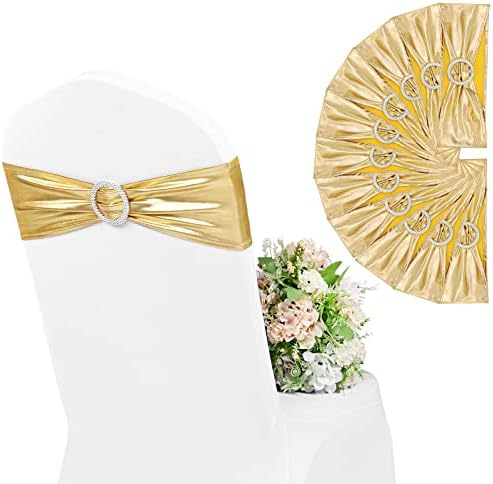 Pesonlook 30PCS Stretch Chair Cover Sashes Band with Buckle Slider for Wedding ,Elastic Spandex Slider Chair Sashes Bows for Wedding Party Banquet Hotel Event Decoration(Metallic Gold)