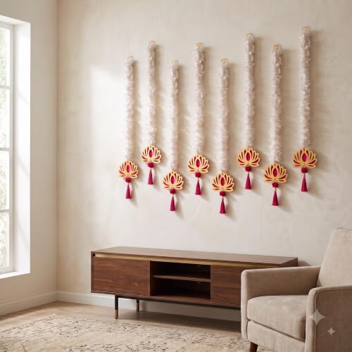 Image of JH Gallery Golden Floral Lotus for Ganpati Decoration Items for Home - Handmade Ganesh Chaturthi Backdrop Decoration, Mandir & Balcony Hanging (24 Inch, Pack of 8)