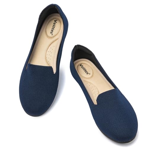 Image of Veittes Women's Wide Width Flats Shoes,Comfortable Breathable Casual Slip on Round-Toe Knitted Dressy Ballet Flats
