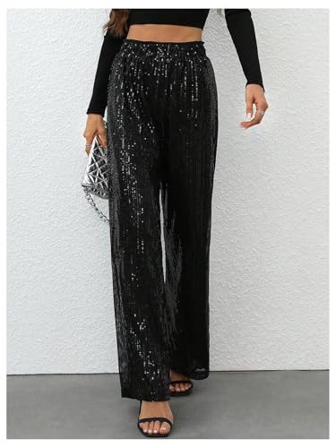 WDIRARA Women's Sequin Sparkle Pants Elastic Waist Wide Leg Party Club Trousers2