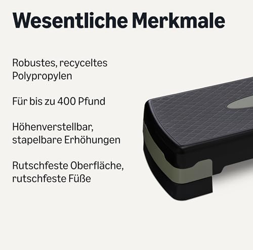 Amazon Basics Aerobic Steppbrett, Verstellbarer Workout Stepper für Zuhause, 68.58cm, Schwarz/Grau