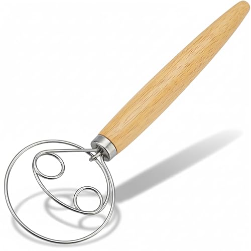 YIGEDA Danish Dough Whisk Stainless Steel with Dough Hook & Wooden Handle for Sourdough Bread Baking and Dough Mixing