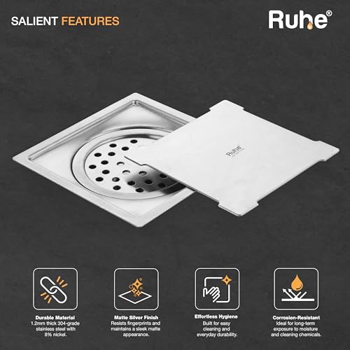 Image of Ruhe Diamond Square Flat Cut Floor Drain | 304-Grade Stainless Steel Floor Drain with Collar & Cockroach Trap (6 x 6 Inches) | Floor Drainer for Bathroom, Balcony