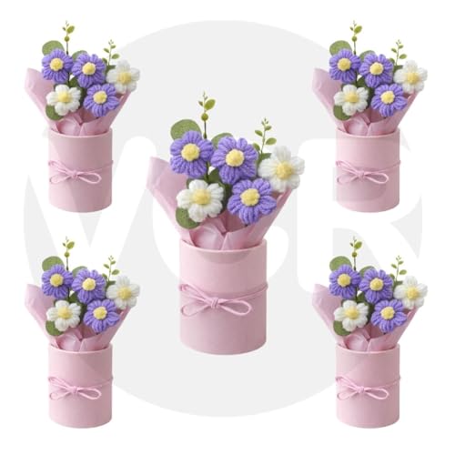 Image of VCR Handmade Light Purple Crochet Bouquet- Pack of 5 - Hand Woven Knitted Artificial Hand Knitted Bouquet Flower for Office Desk, Table, Car, Bedroom, Wedding & Special Occasions