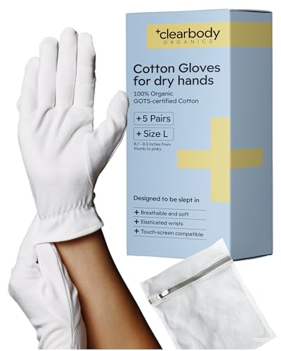 Clearbody Organics Organic Cotton Gloves - 5 Pairs, Large, White - White Cotton Gloves for Sensitive Skin - Hydration Barrier for Dry Hands