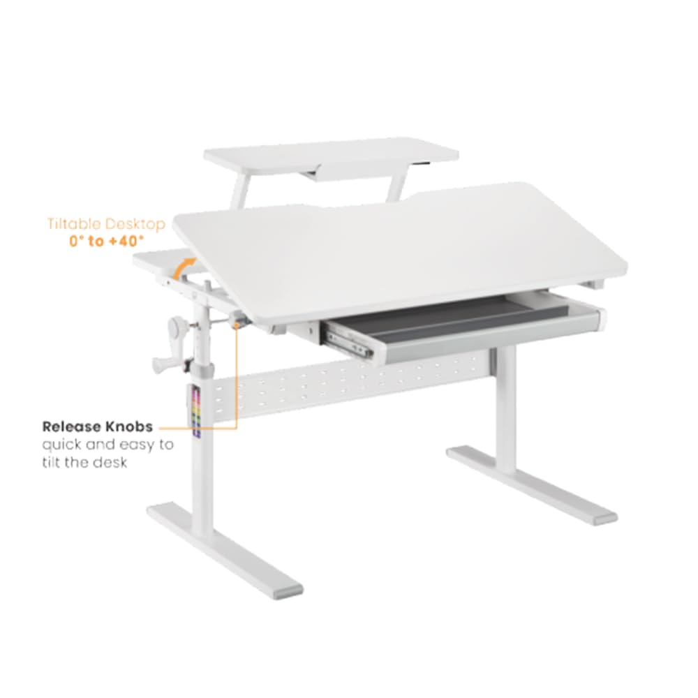 Ergonomiczne biurko ER-483 kids' height and angle adjustable to 40°, extra shelf with book holder, school table for kids up to 40 kg, drawer hook