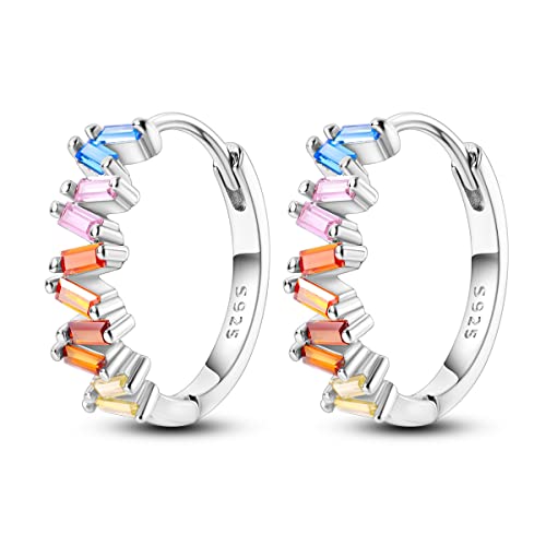 Hapour Tiny Rainbow Hoop Earrings 925 Sterling Silver | Inlaid Colorful Cubic Zirconia Huggie Earrings for Women Teen as Birthday Gift-Multicolored Stones