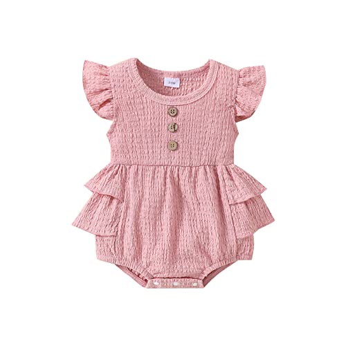 Infant Girls Fly Sleeve Romper Solid Color Cotton Linen Rompers Newborn Ruffle Bodysuit Clothes Summer Playsuit