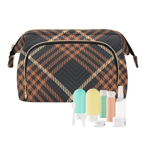 Borse per il trucco con cerniera per il da donna Borsa per il cambio di monete per cosmetico autunno marrone plaid a quadri autunnale motivo scozzese 25.9 x