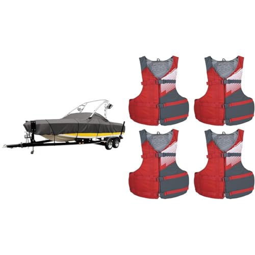 Classic Accessories Heavy-Duty Ski & Wakeboard Tower Boat Cover Fits 20-22ft Boats + Stohlquist Fit Adult PFD Life Vest Pack of 4 Coast Guard Approved