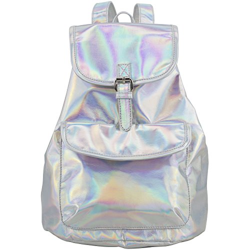 BJX Iridescent Reflective Luminous Holographic Flap Daypack Rusksack Bag Backpack, Shiny Silver2