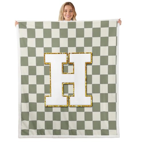 Image of Erosebridal Sage Green Checkered Fuzzy Plush Throw Plaid Initial H Fleece Blanket Personalized Monogram Sherpa Blanket for Kids Boys Girls,Fashion Grids Gingham Decor for Bed Couch Queen 90 inchx90 inch