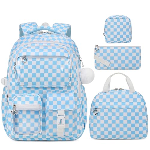 GeeWin Backpacks for Girls 4PCS Girls Backpack with Lunch Box Pencil & Square Pouch Set 17 Inch Waterproof Bookbag for Kids Teens Elementary Middle High College School Student (Blue/Checker)