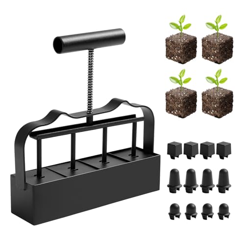 KHAMAL Soil Blocker for Seed Starting 4 Cell - 2 inch Soil Block Maker with Ergonomic Handle & 3 Types of Seed Pins for Garden, Outdoor Plants
