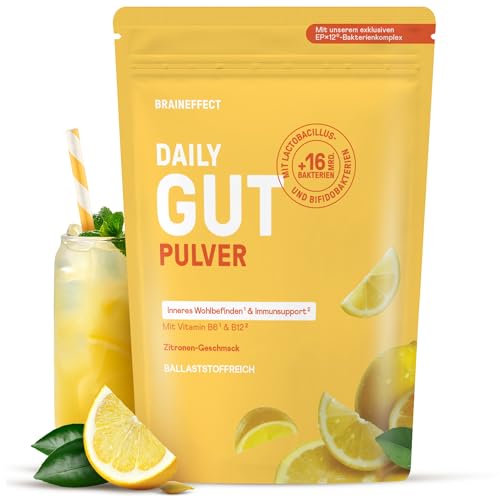 BRAINEFFECT DAILY GUT – Probiotisches Getränkepulver mit 16 Mrd. lebenden Bakterien & 7 g Ballaststoffen pro Portion, mit Vitamin B1, B2, B6 & B12, Zitronengeschmack – 240 g